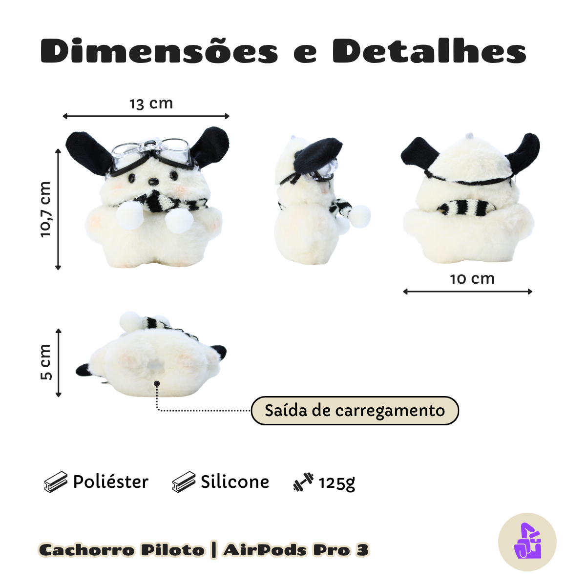 Kit Limpador para Fones e Capa de Pelúcia Nerdcase para AirPods Pro 3, Cachorro Piloto Aviador