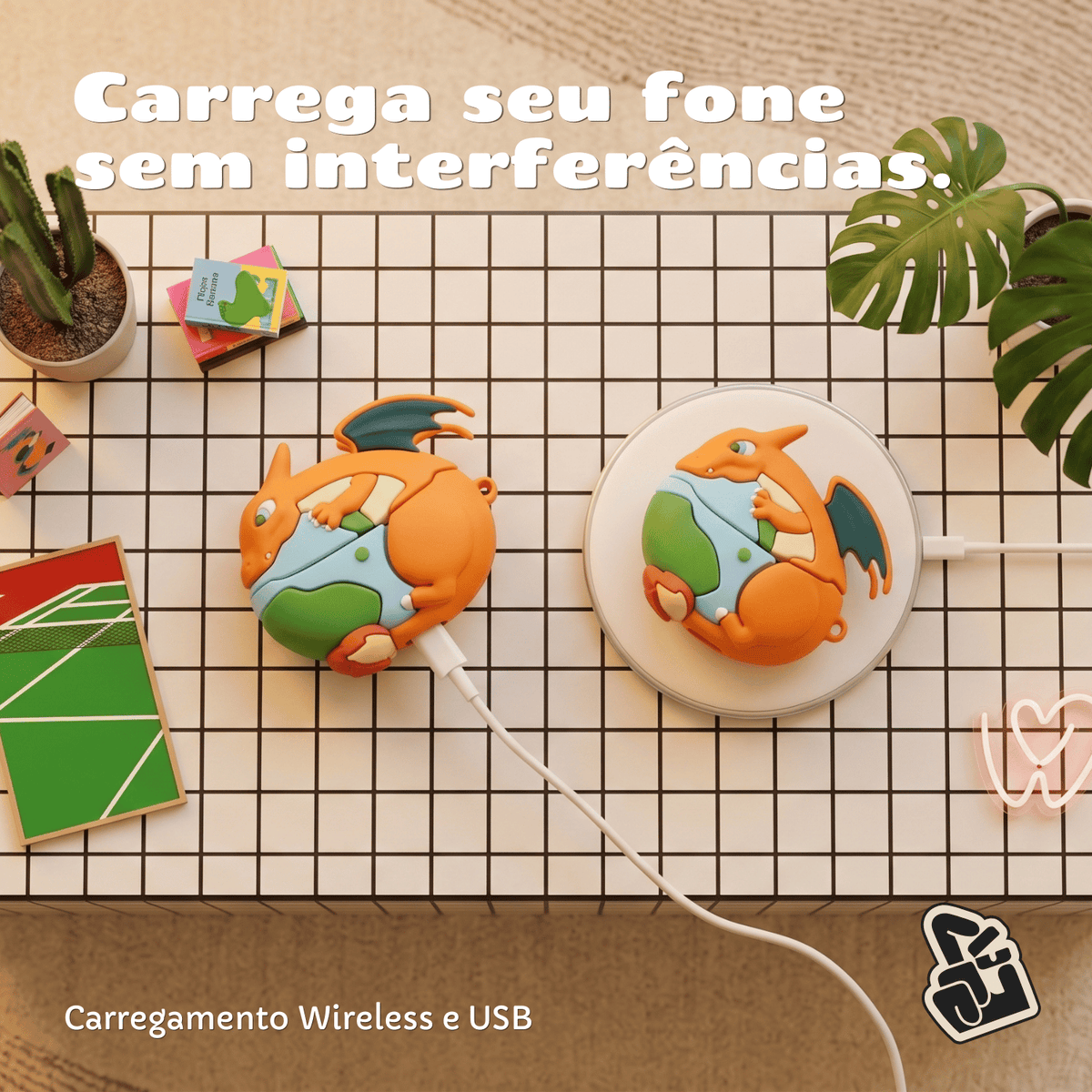 Kit Limpador para Fone e Capa Protetora Nerdcase para Galaxy Buds 3, Buds 3 Pro, Buds3 Fe, Silicone, Pokémon Sharizard