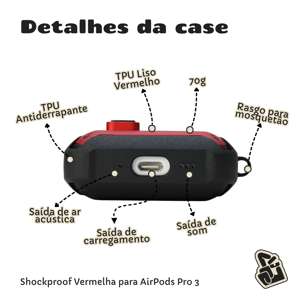Kit Limpador para Fones e Capa Protetora Nerdcase para AirPods Pro 3, Shockproof Vermelho e Preto