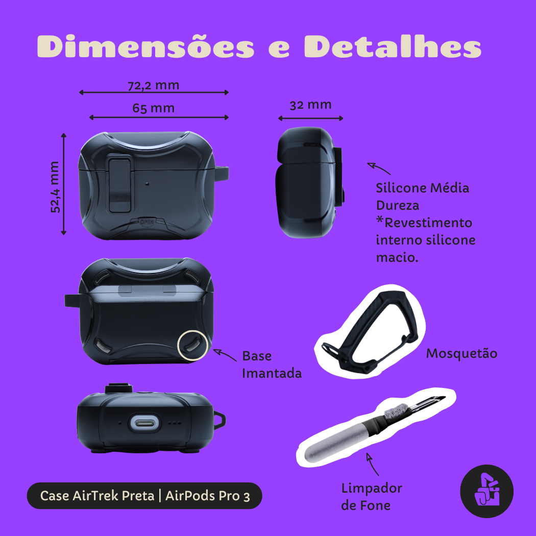 Kit Limpador para Fones e Capa Protetora Airtrek Nerdcase para AirPods Pro 3, Suporte Adaptado, Preto