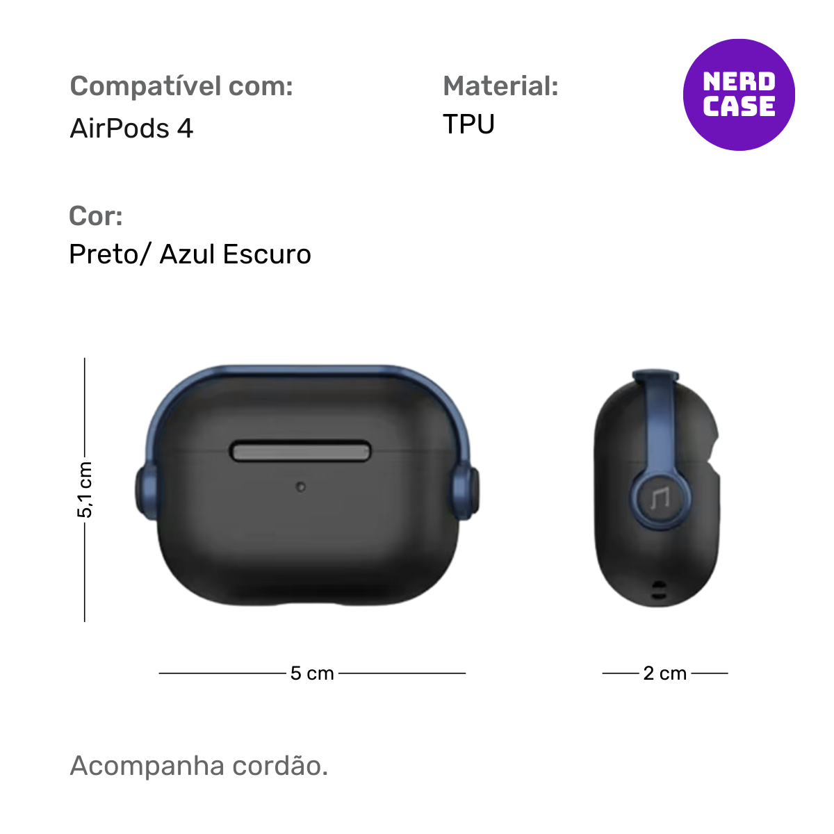 Case Music para AirPods 4, Preta com detalhe Azul