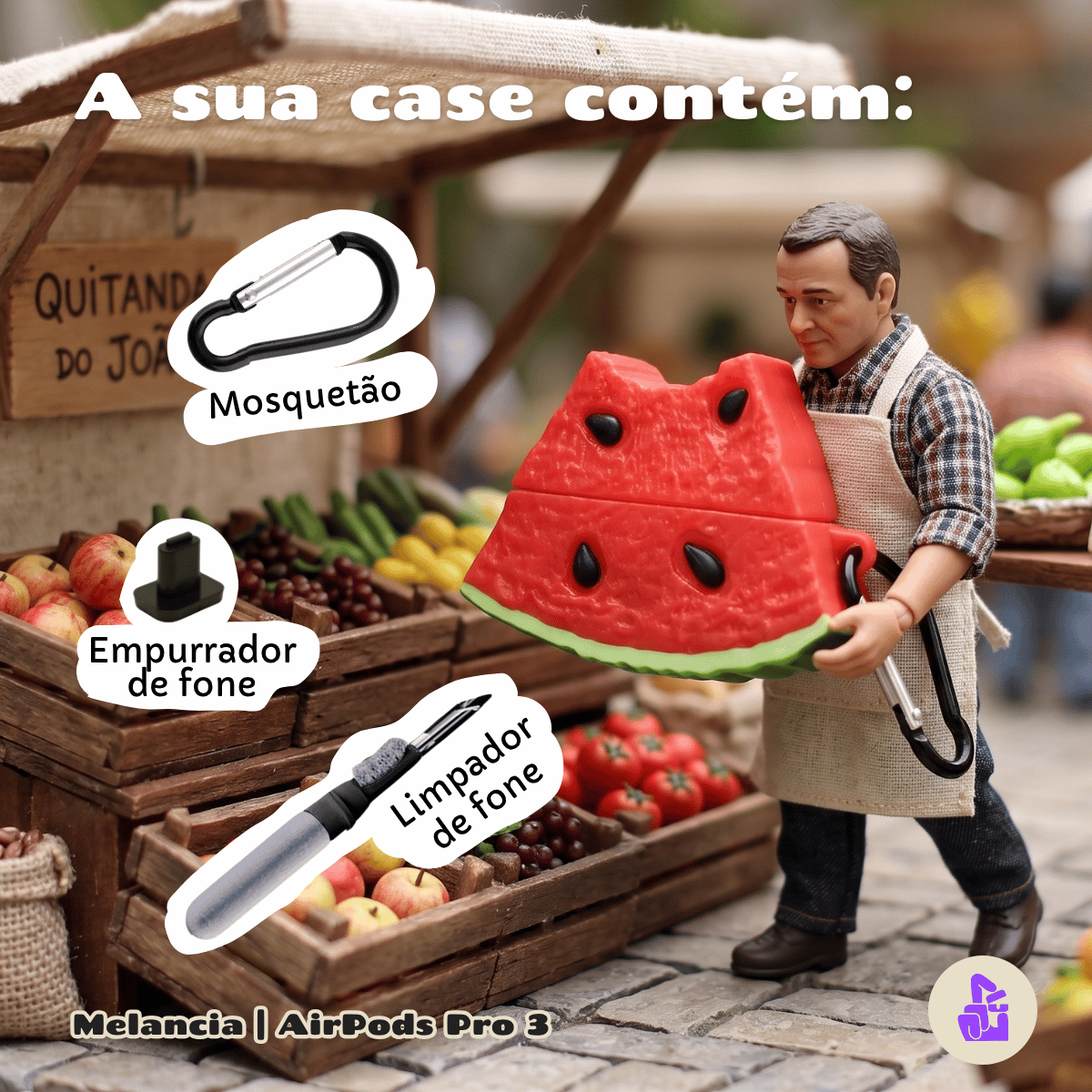 Kit Limpador para Fones e Capa Protetora de Silicone Nerdcase para AirPods Pro 3, Melancia