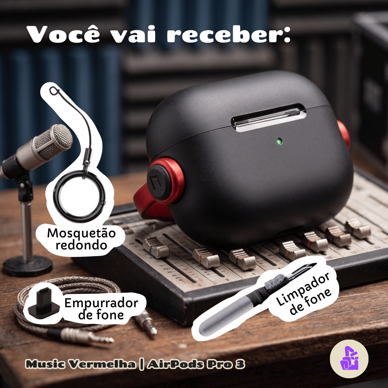 Kit Limpador para Fones e Capa Protetora de Silicone Nerdcase para AirPods Pro 3, Music Preto e Vermelho