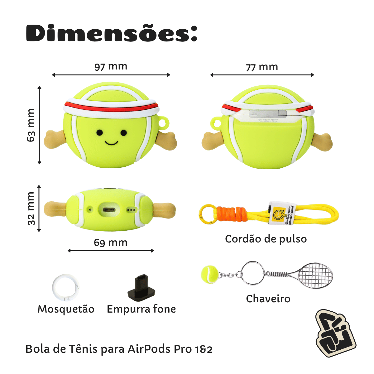 Capa Protetora de Silicone Nerdcase para AirPods Pro 1 e 2, Bola de Tênis