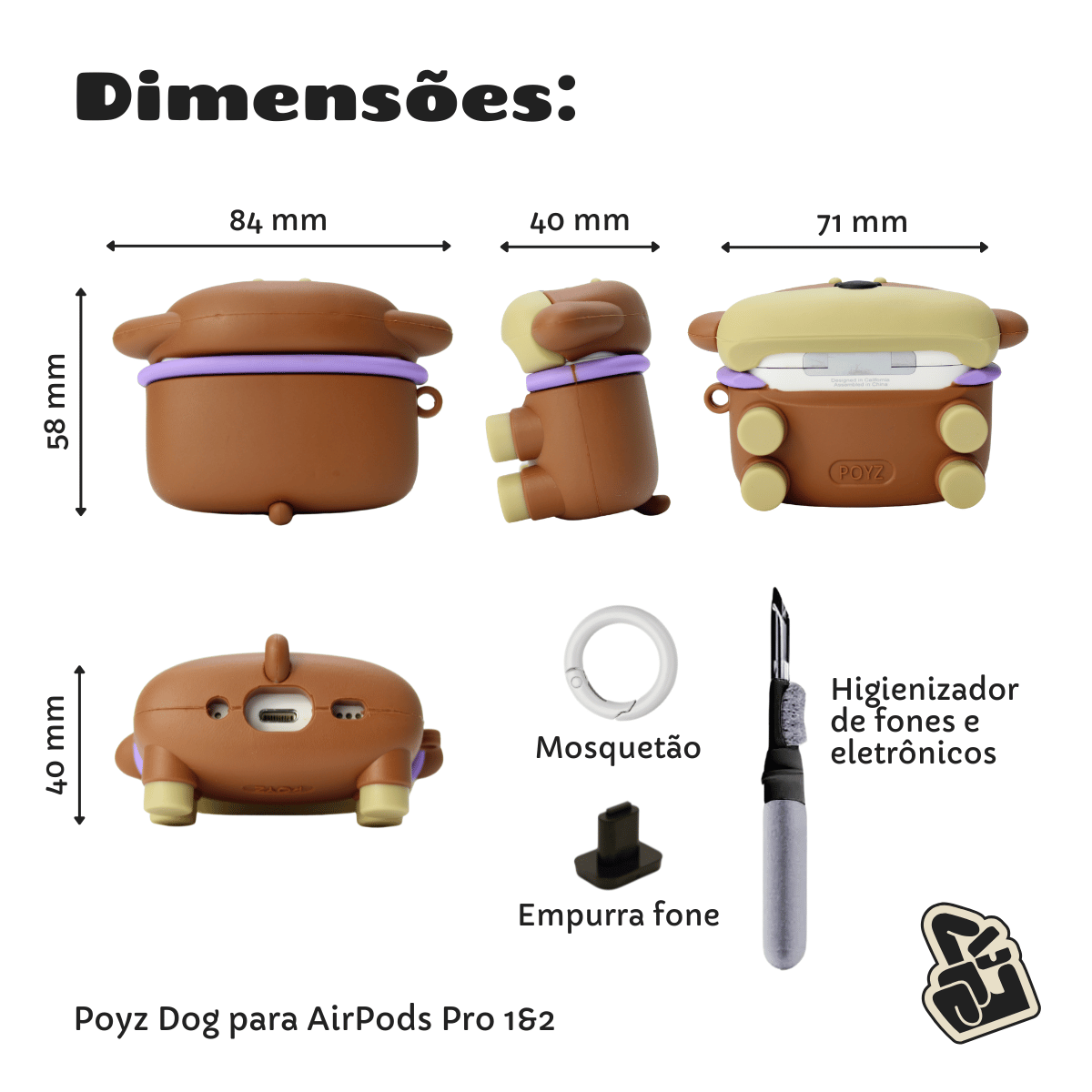 Kit Limpador para Fones e Capa Protetora de Silicone Nerdcase para AirPods Pro 1 e 2, Poyz Dog