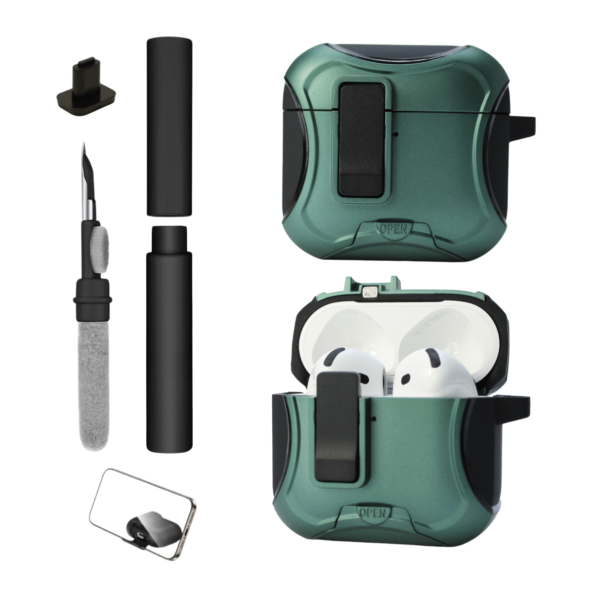 Kit Limpador para Fones e Capa Protetora Airtrek Nerdcase para AirPods 4, Suporte Adaptado, Verde Cintilante