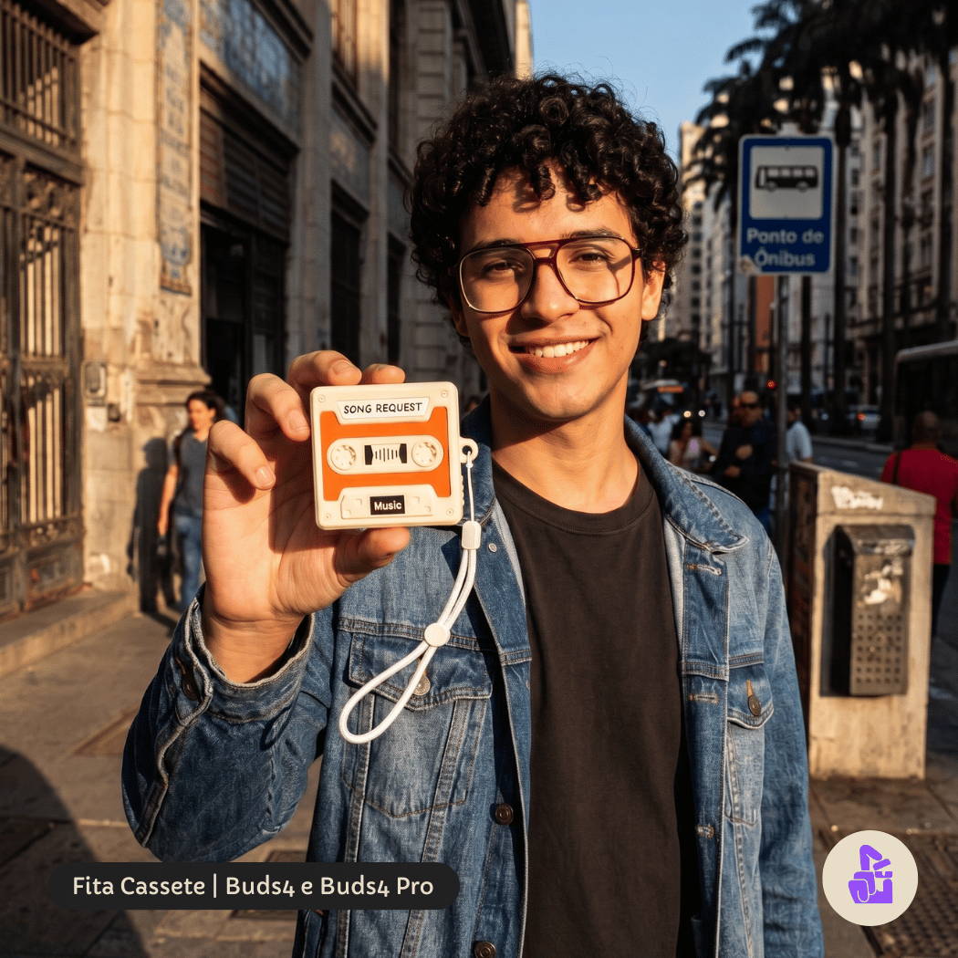 Capa Protetora Nerdcase para Samsung Galaxy Buds 4, Silicone, Formato Fita Cassete, Bege e Laranja