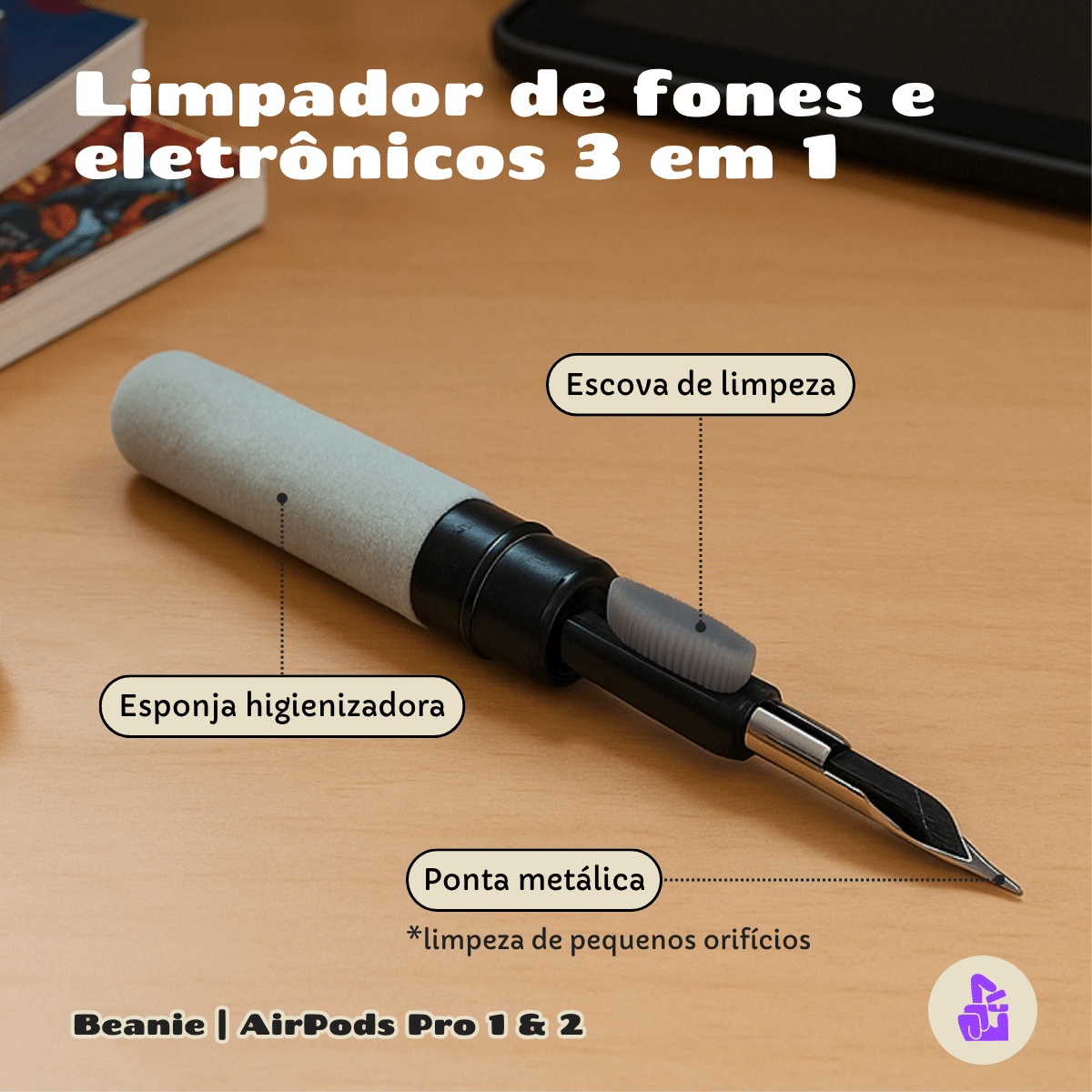 Kit Limpador para Fones e Capa de Pelúcia Nerdcase para AirPods Pro 1 e 2, Cachorro Beanie