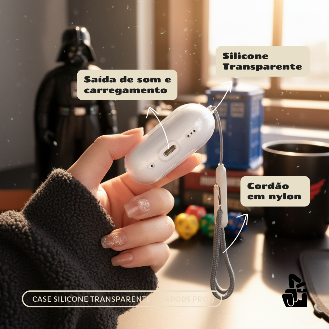 Kit Limpador para Fones e Capa Protetora de Silicone Nerdcase para AirPods Pro 3, Transparente