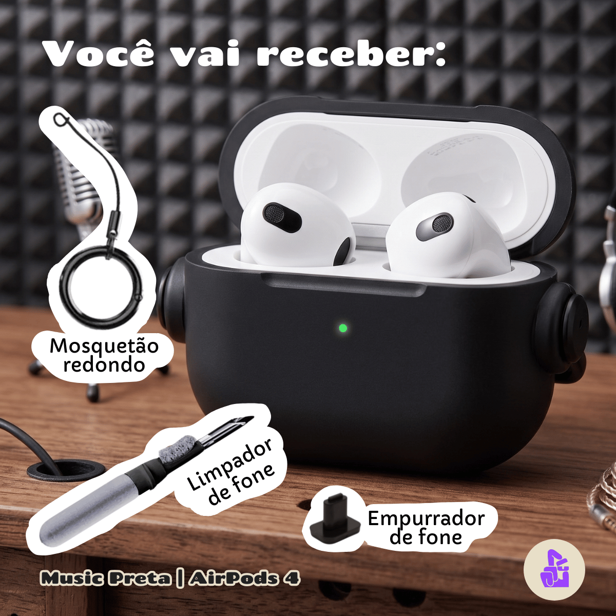 Kit Limpador para Fones e Capa Protetora de Silicone Nerdcase para AirPods 4, Music Preta