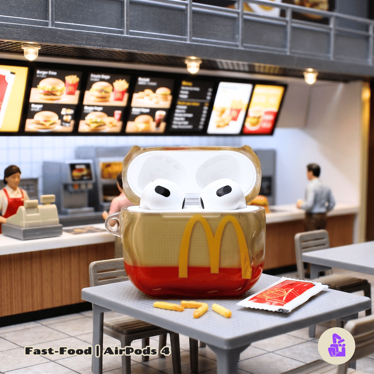 Kit Limpador pata Fones e Capa Protetora de Silicone Nerdcase para AirPods 4, Fast Food