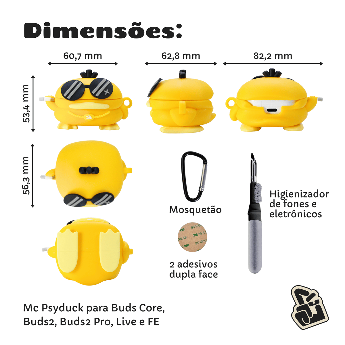 Kit Limpador para Fone e Capa Protetora Nerdcase para Galaxy Buds 2, Core, FE, Live e Pro, Silicone, Mc Psyduck