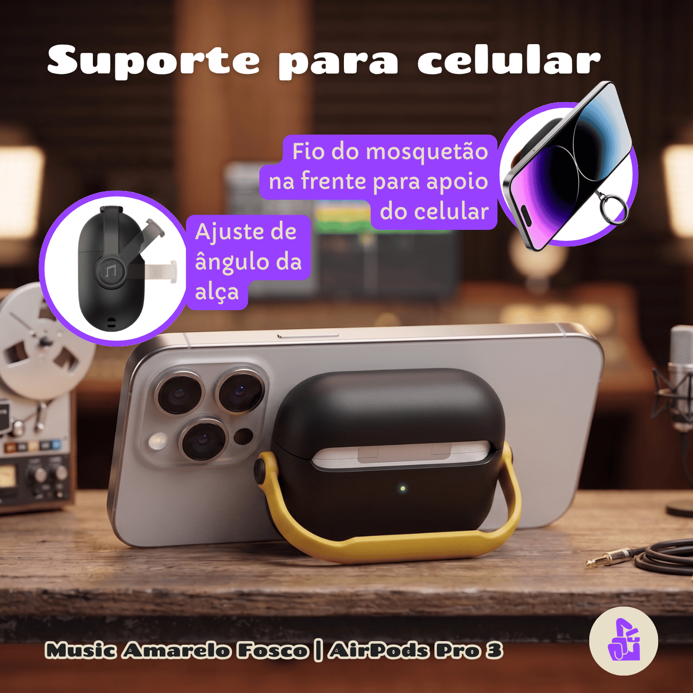 Capa Protetora de Silicone Nerdcase para AirPods Pro 3, Music Preta com detalhe Amarelo