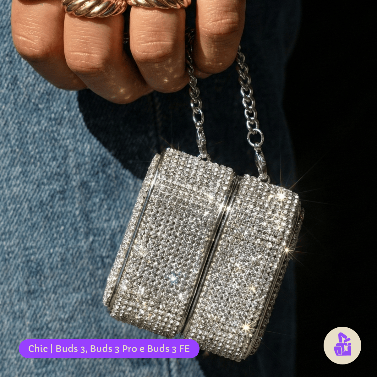 Capa Protetora Chic Nerdcase para Samsung Galaxy Buds 3, Buds Pro 3, Buds3 FE, Strass Prata