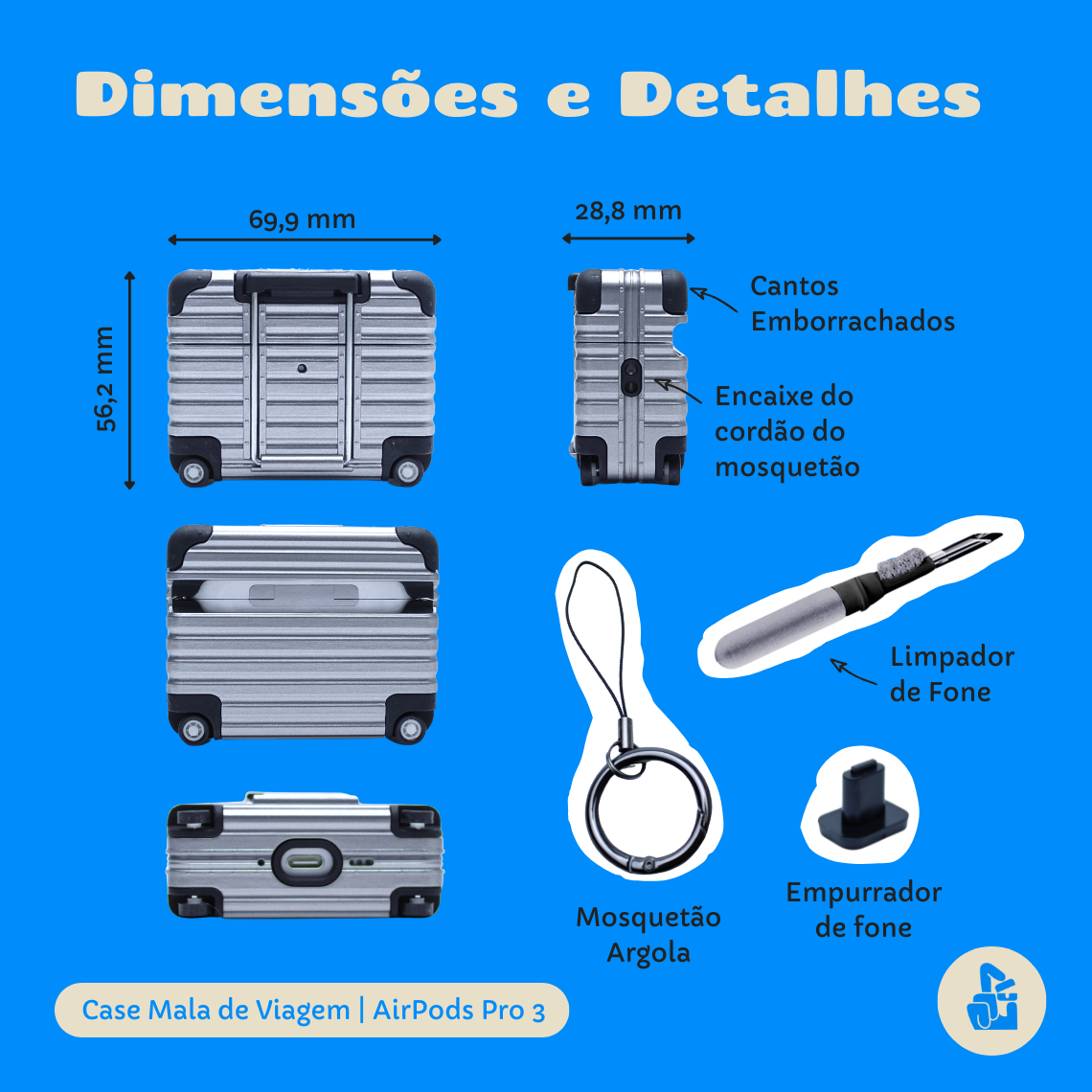 Kit Limpador para Fones e Capa Protetora Compatível com AirPods Pro 3, Formato Mala de Viagem, Cinza