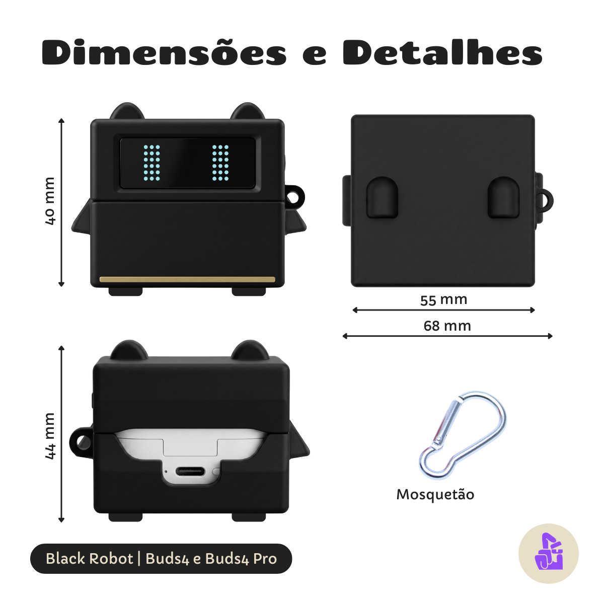 Capa Protetora Nerdcase para Samsung Galaxy Buds 4, Silicone, Robô Preto