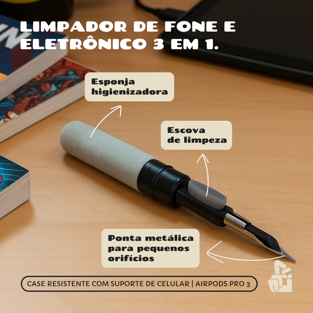 Kit Limpador para Fones e Capa Protetora Nerdcase para AirPods Pro 3, Suporte Adaptado, Silicone Rígido Cinza