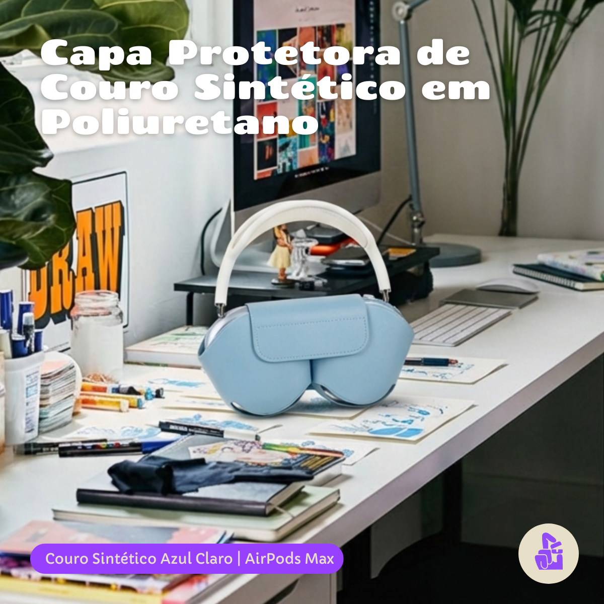 Capa Protetora Nerdcase para AirPods Max, Couro Sintético Azul Claro