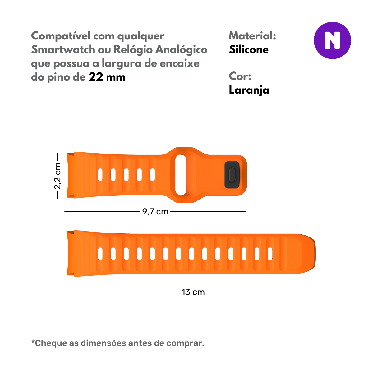 Pulseira 22mm entre Pinos para Samsung Galaxy Watch, Silicone, Laranja