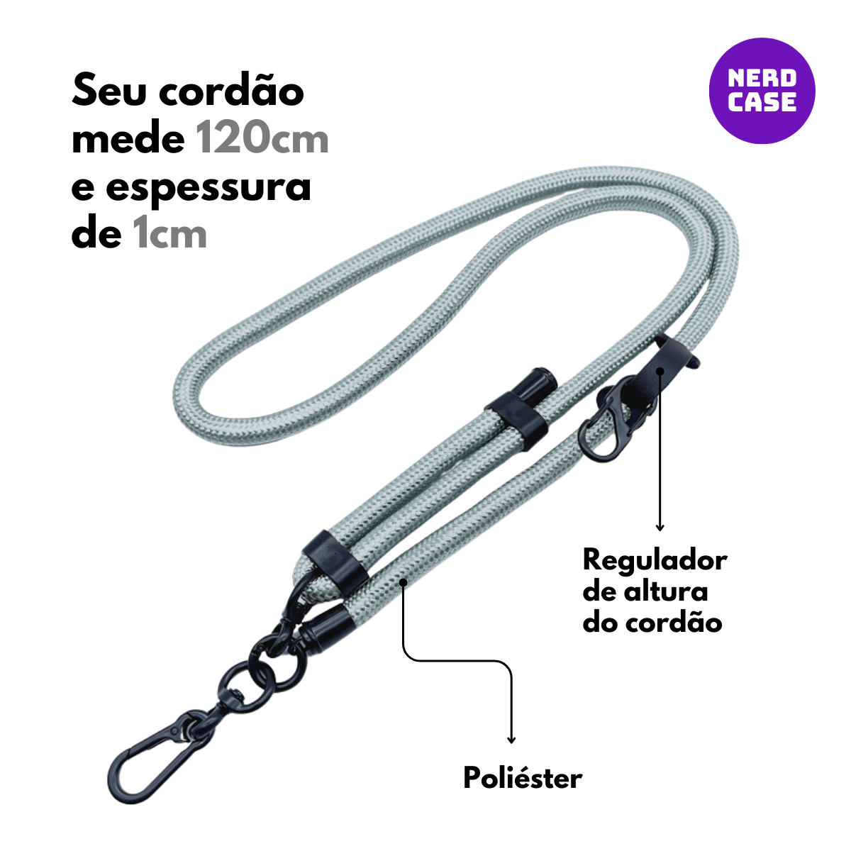 NERDCASE, Cordão Salva Celular Universal, Reforçado, Cinza, Prata