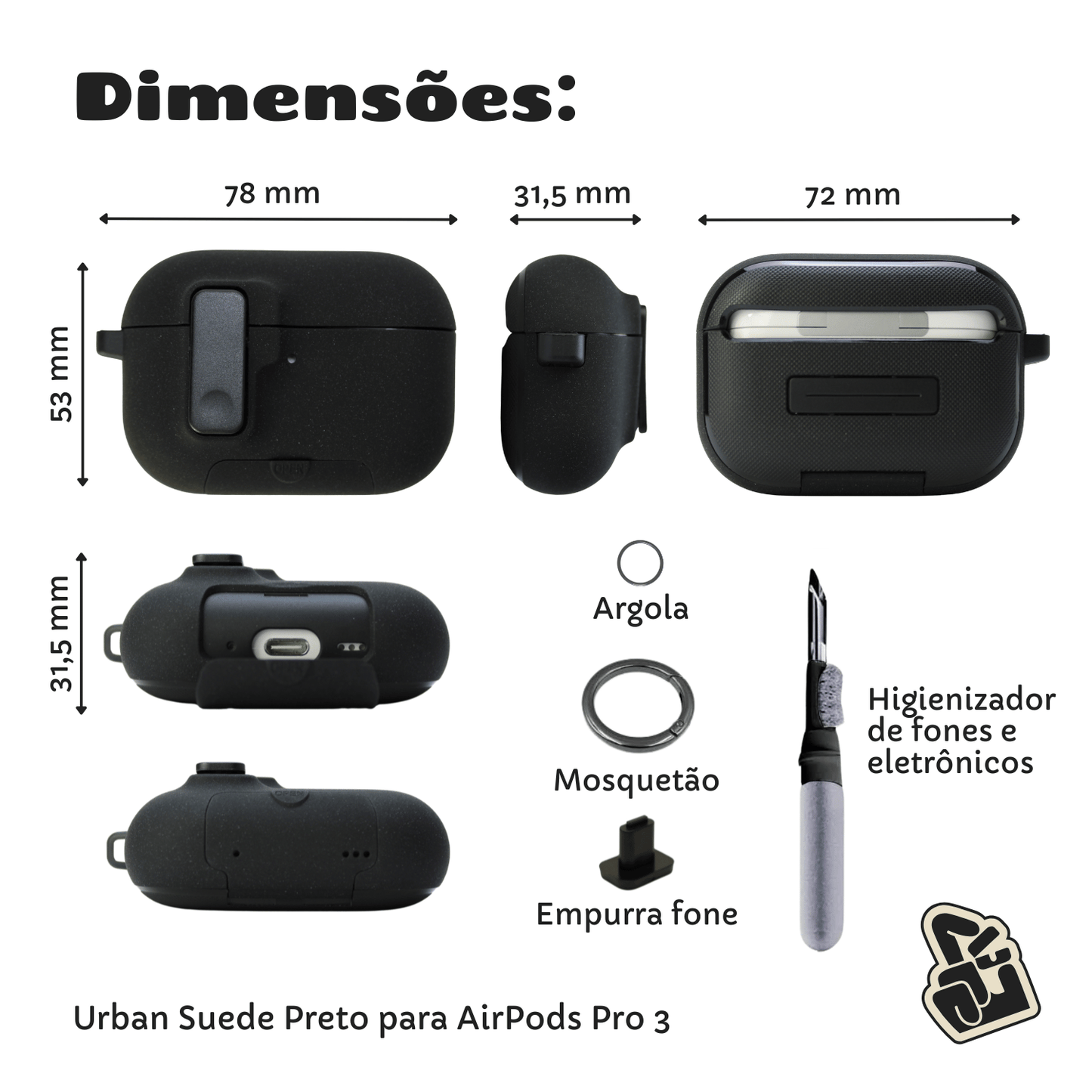 Kit Limpador para Fones e Capa Protetora de Silicone Nerdcase para AirPods Pro 3, Urban Suede Preto