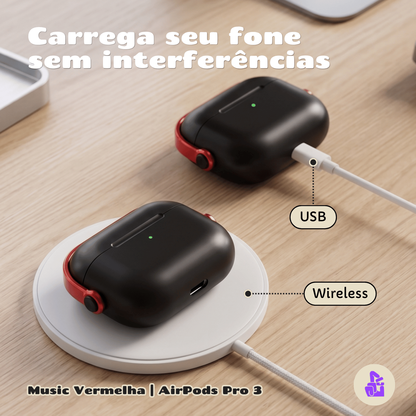 Capa Protetora de Silicone Nerdcase para AirPods Pro 3, Preta com detalhe Vermelho