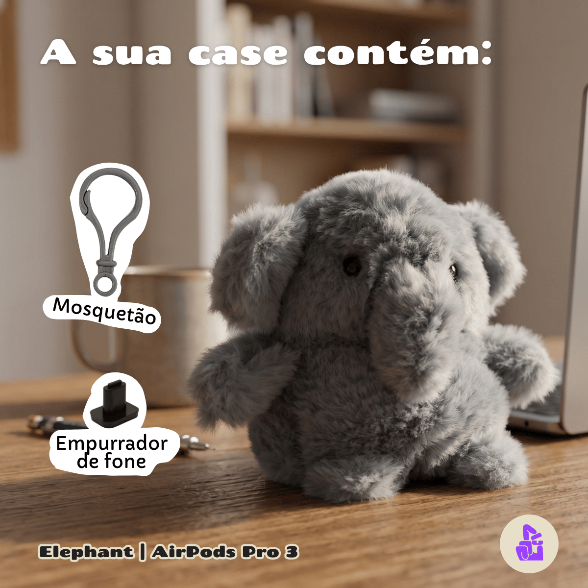 Capa de Pelúcia Nerdcase para AirPods Pro 3, Elefante Cinza