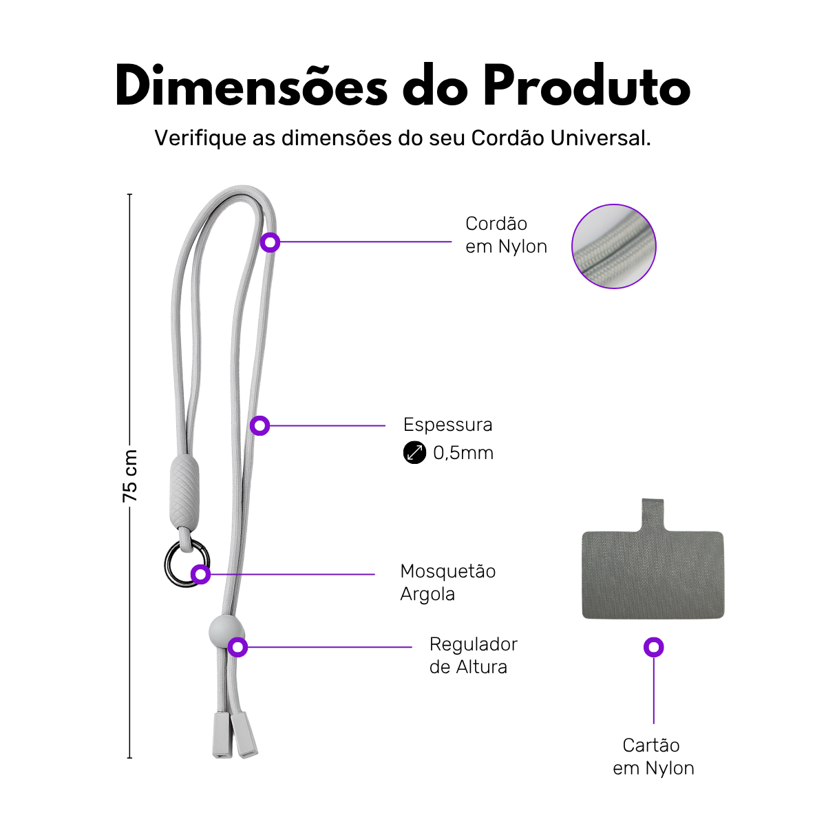 Cordão Universal Nerdcase Para Celular, Poliéster, Cinza