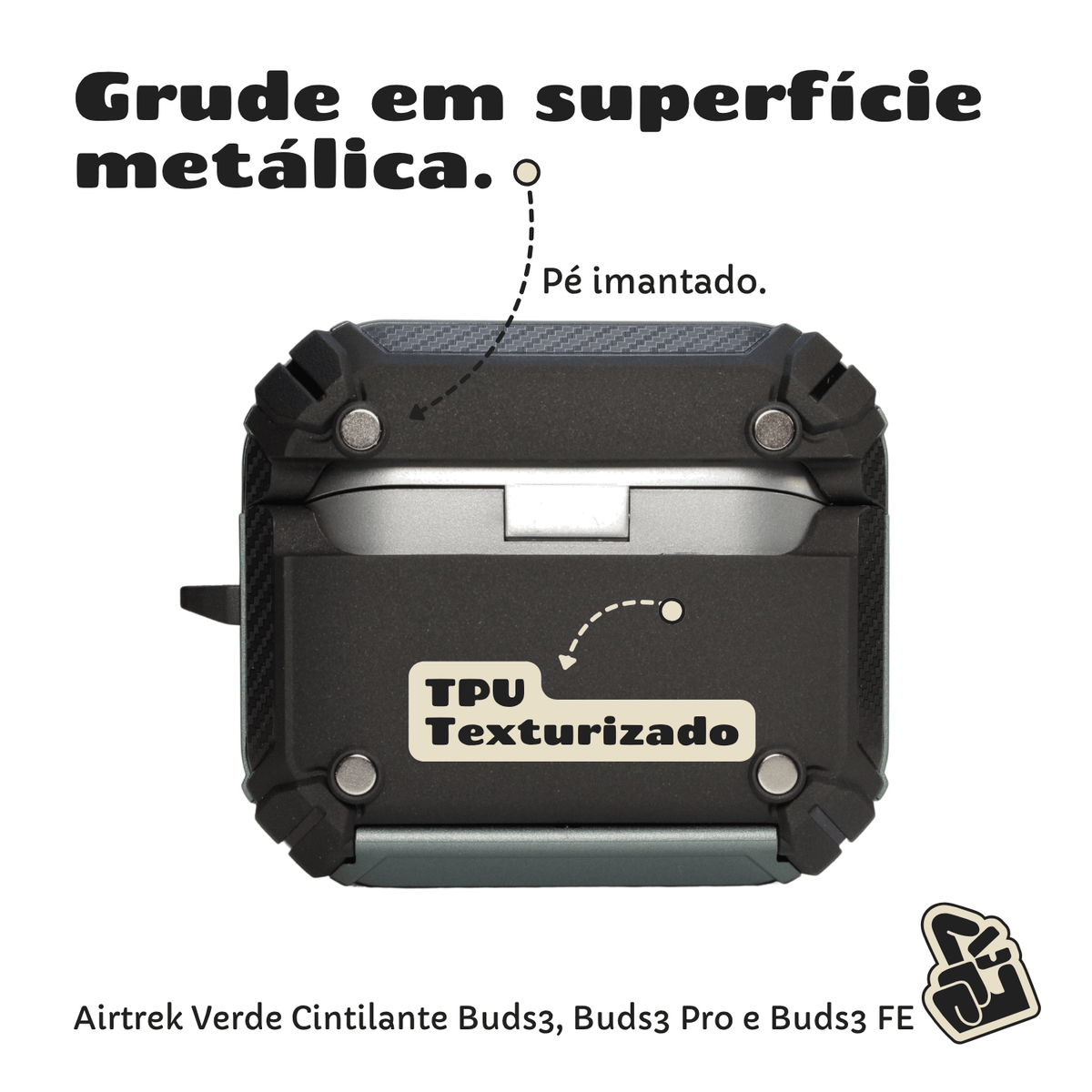 Kit Limpador para Fone e Capa Protetora Nerdcase para Galaxy Buds 3, Buds 3 Pro, Buds3 Fe, Suporte, Airtrek Verde Cintil