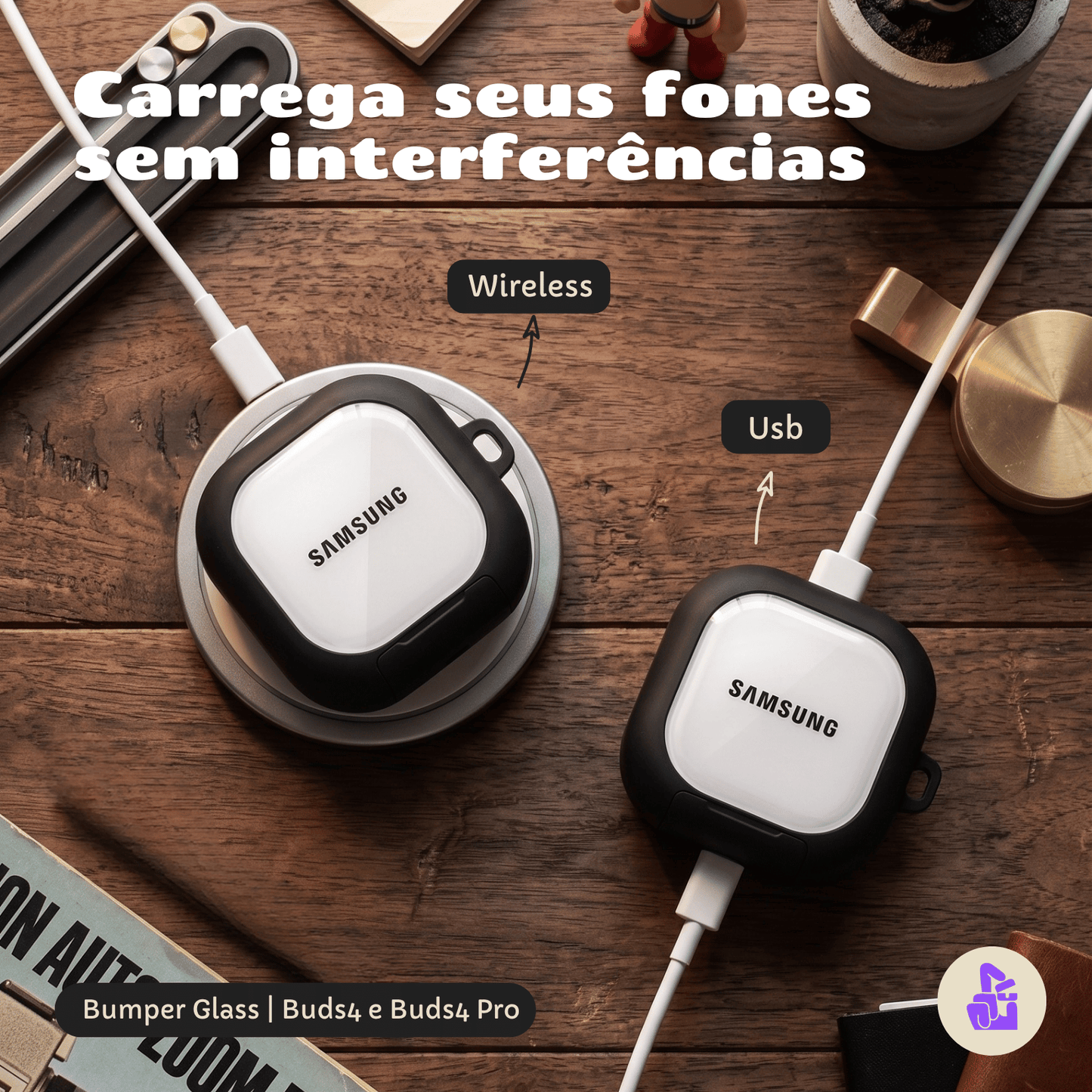Kit Limpador para Fones e Capa Protetora Glass Nerdcase para Samsung Galaxy Buds 4, Preta e Transparente, Com Suporte Ad