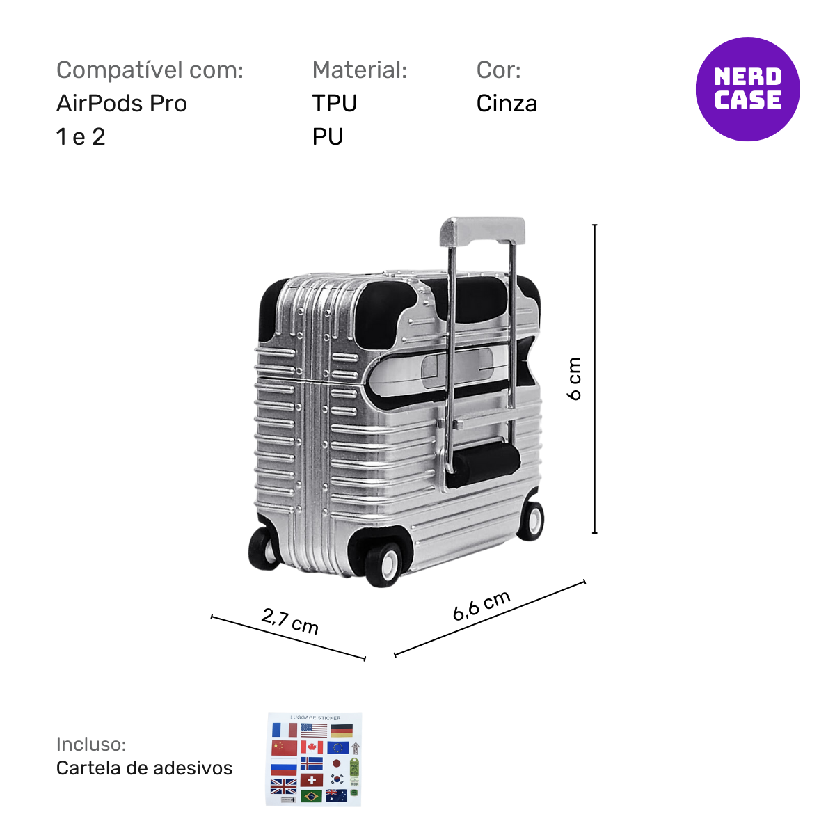 Case Mala de Viagem com Adesivos para AirPods Pro 1 e 2
