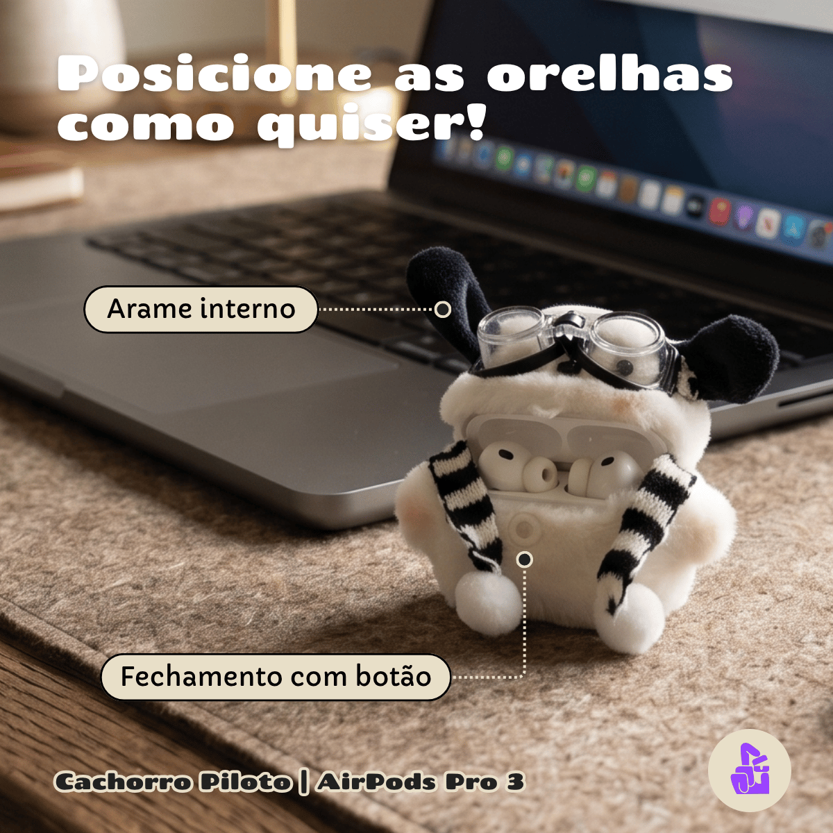 Kit Limpador para Fones e Capa de Pelúcia Nerdcase para AirPods Pro 3, Cachorro Piloto Aviador