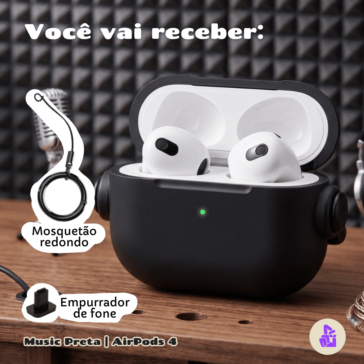 Capa Protetora de Silicone Nerdcase para AirPods 4, Music Preta