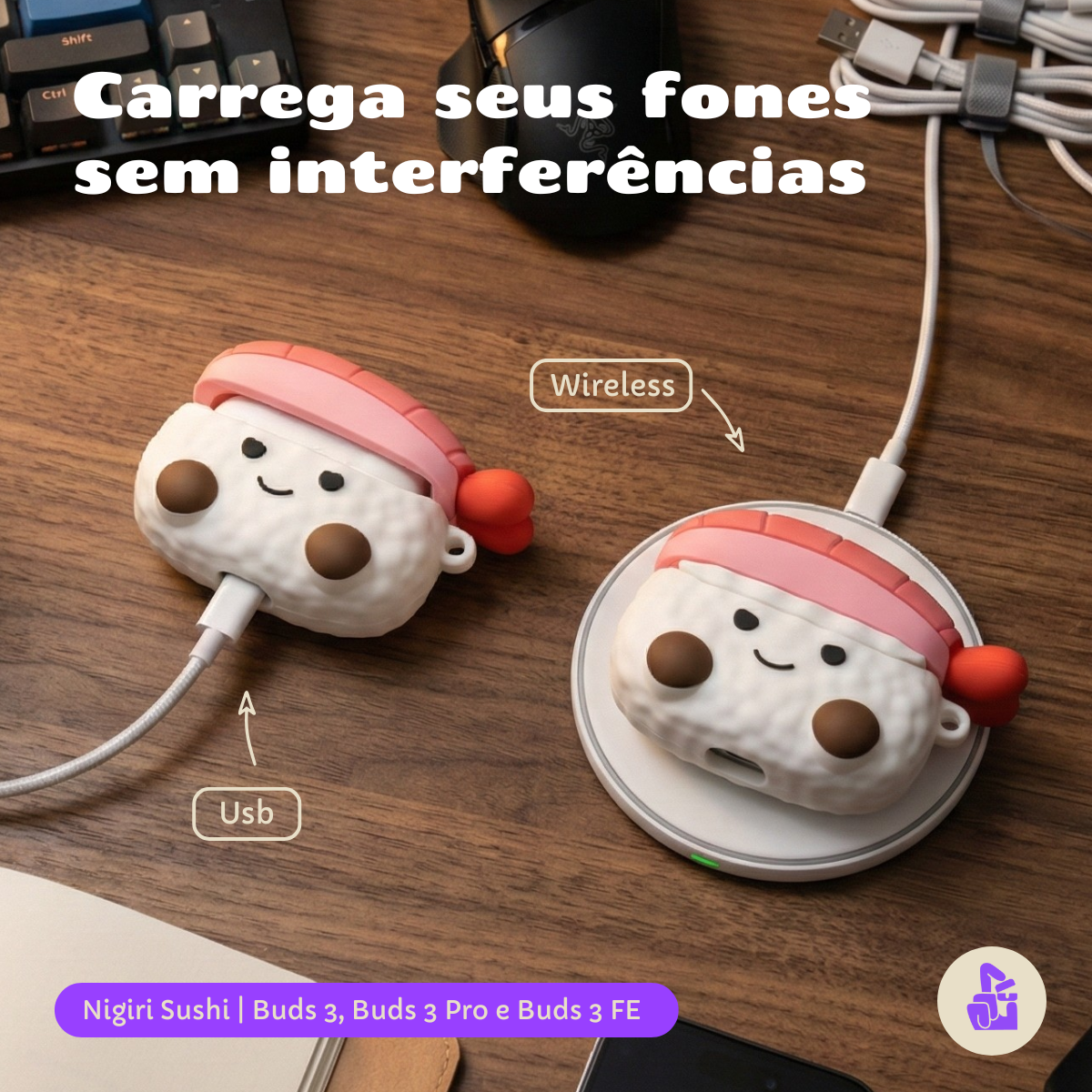 Kit Limpador para Fones e Capa Protetora Nerdcase para Samsung Galaxy Buds 3, Buds 3 Pro, Buds3 Fe, Nigiri Sushi