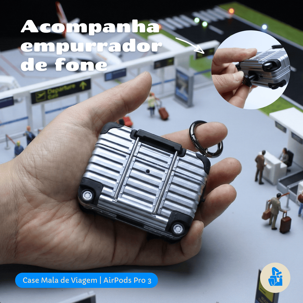 Kit Limpador para Fones e Capa Protetora Compatível com AirPods Pro 3, Formato Mala de Viagem, Cinza
