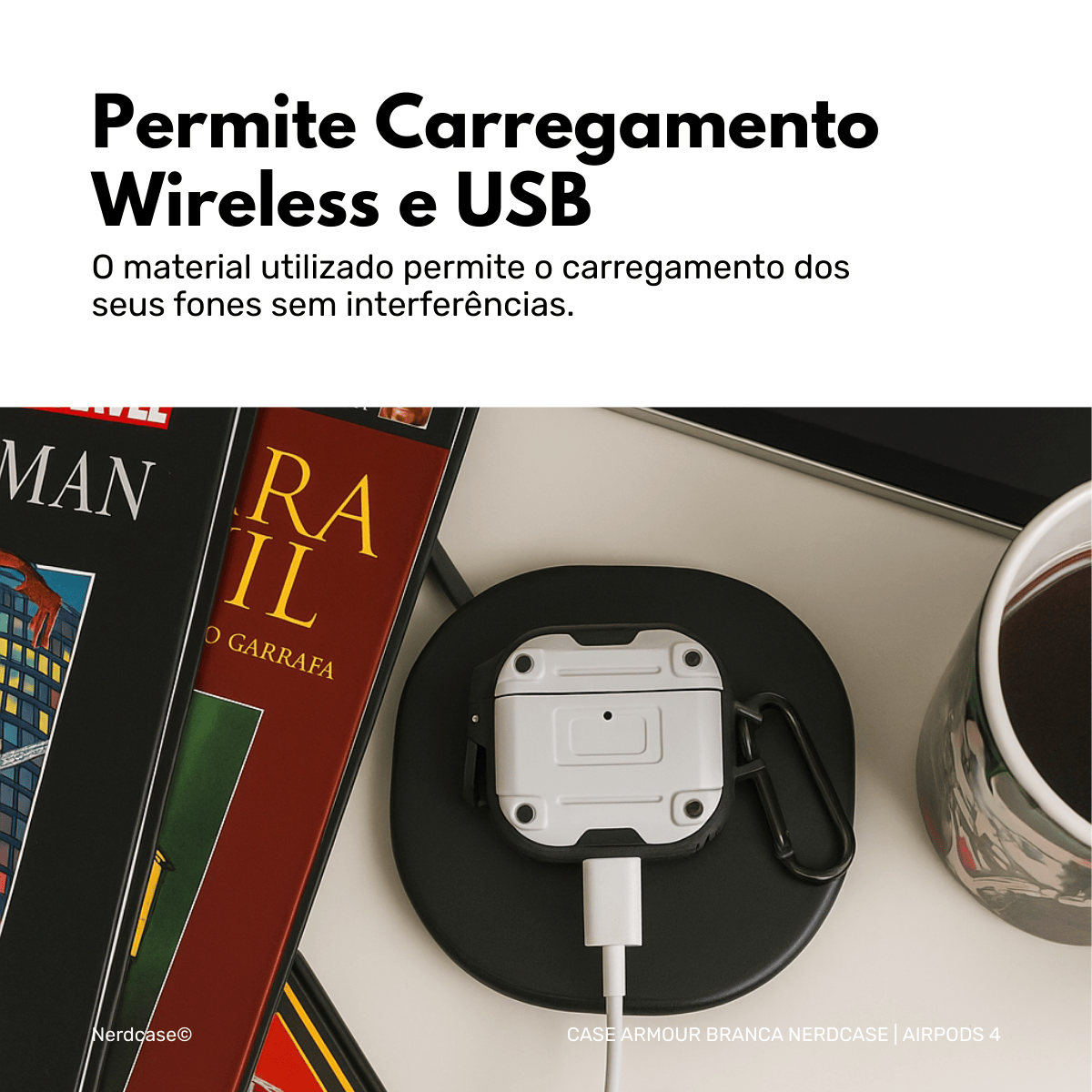Capa Resistente Armour Nerdcase, Compatível com AirPods 4, Branca e Preta