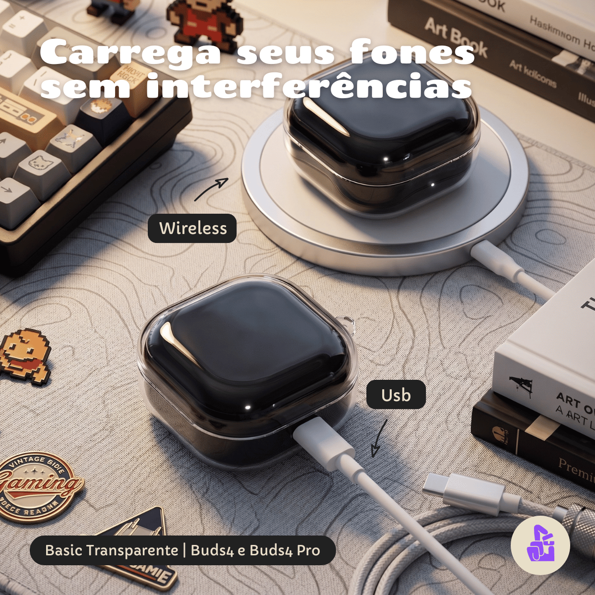 Capa Protetora Nerdcase para Samsung Galaxy Buds 4, Silicone, Transparente com Argola