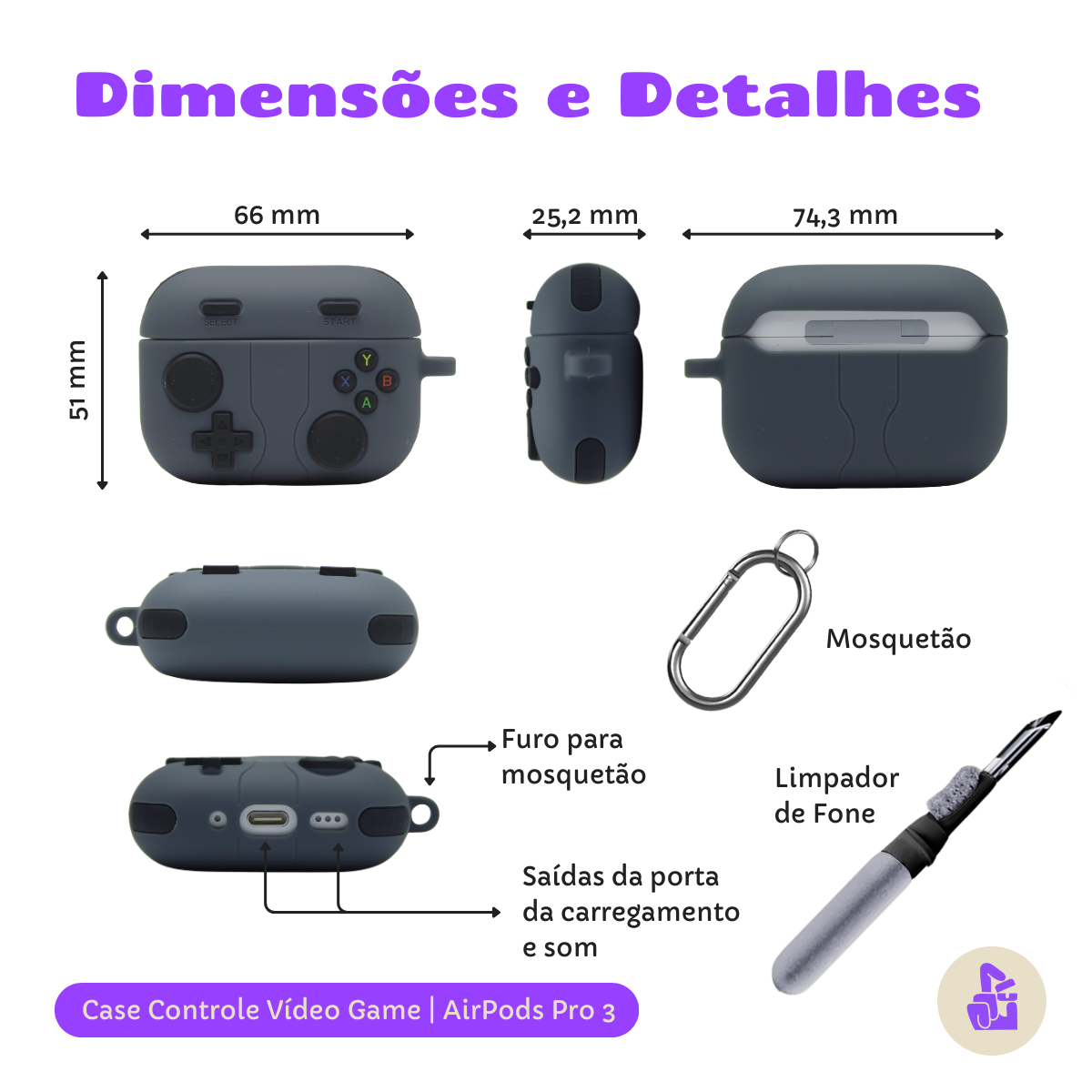 Kit Limpador para Fones e Capa Protetora Nerdcase para Airpods Pro 3, Controle Videogame