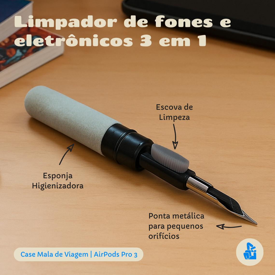 Kit Limpador para Fones e Capa Protetora Compatível com AirPods Pro 3, Formato Mala de Viagem, Cinza