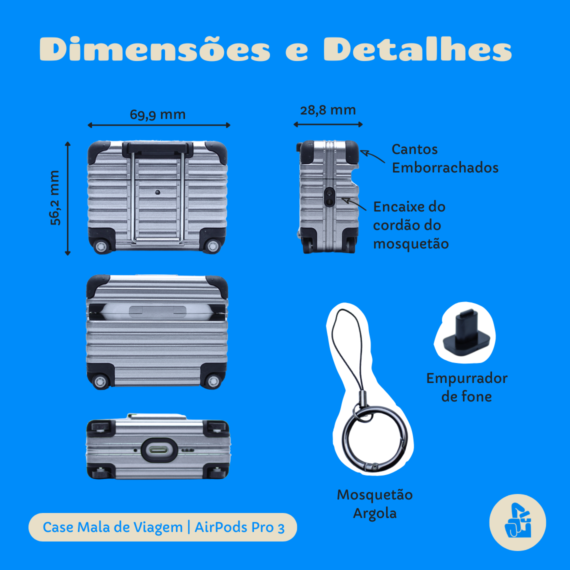 Capa Protetora para AirPods Pro 3, Formato Mala de Viagem, Cinza