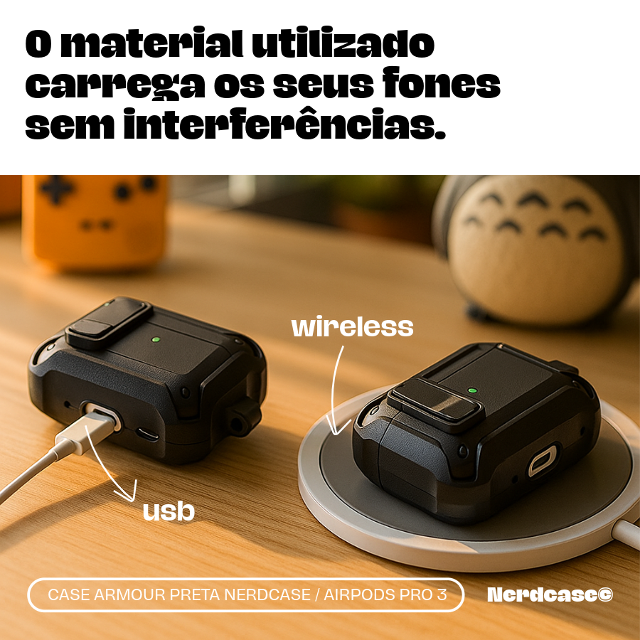 Capa Protetora Armour Nerdcase para Airpods Pro 3, Resistente Preta