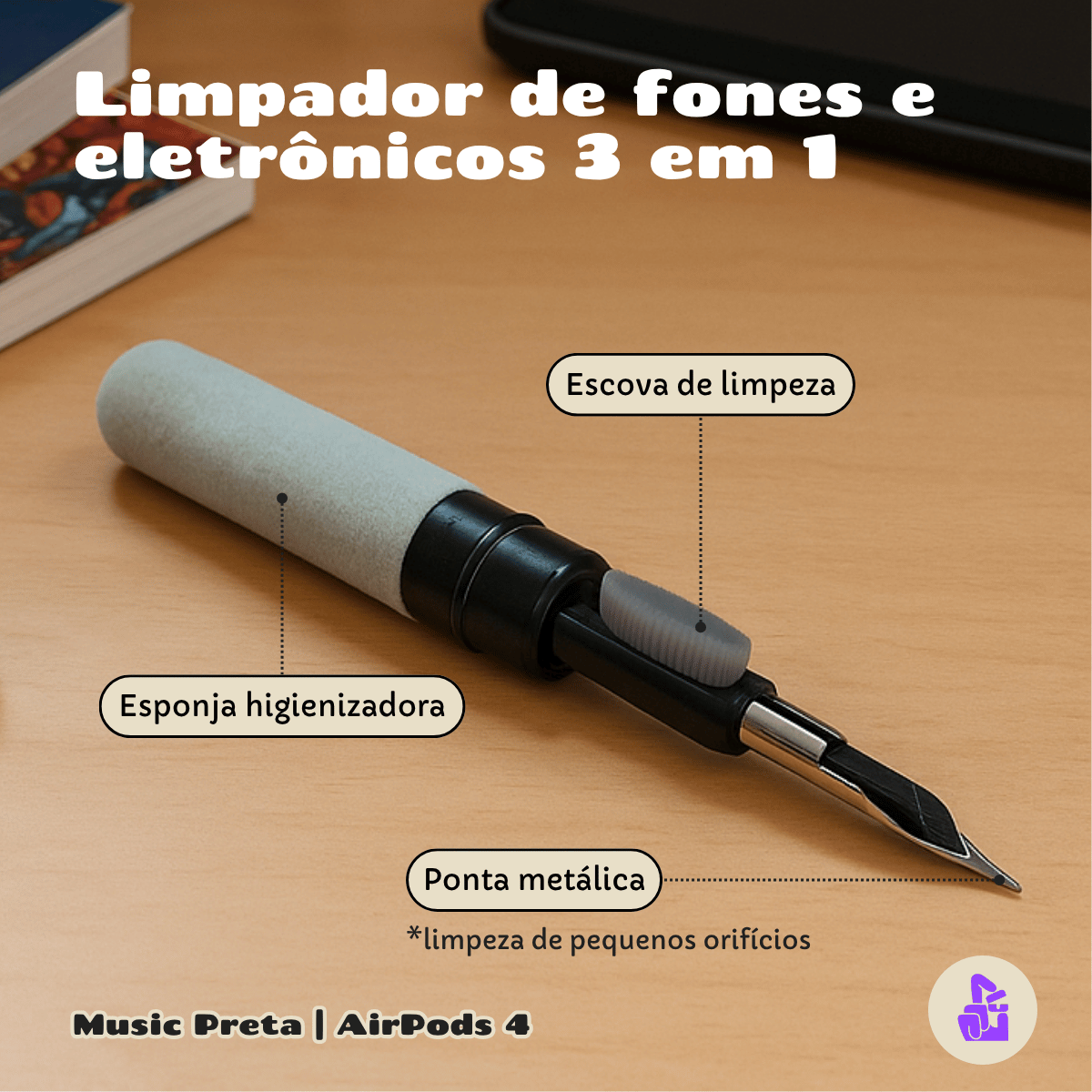 Kit Limpador para Fones e Capa Protetora de Silicone Nerdcase para AirPods 4, Music Preta