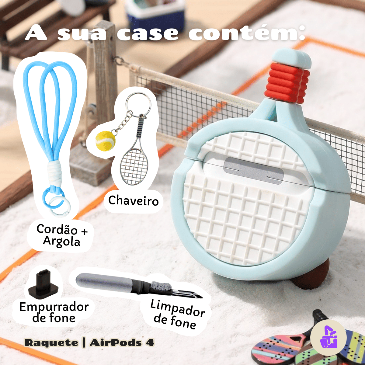 Kit Limpador para Fones e Capa Protetora de Silicone Nerdcase para AirPods 4, Raquete Azul