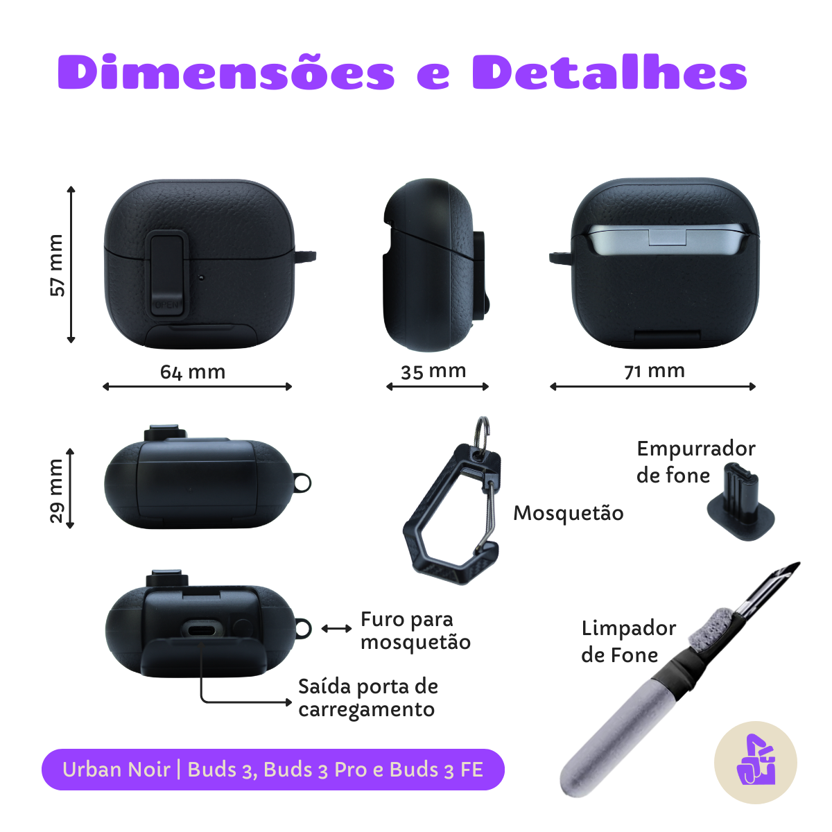 Kit Limpador para Fones e Capa Protetora Urban Noir Nerdcase para Samsung Galaxy Buds 3, 3 Pro, 3 Fe, Preta