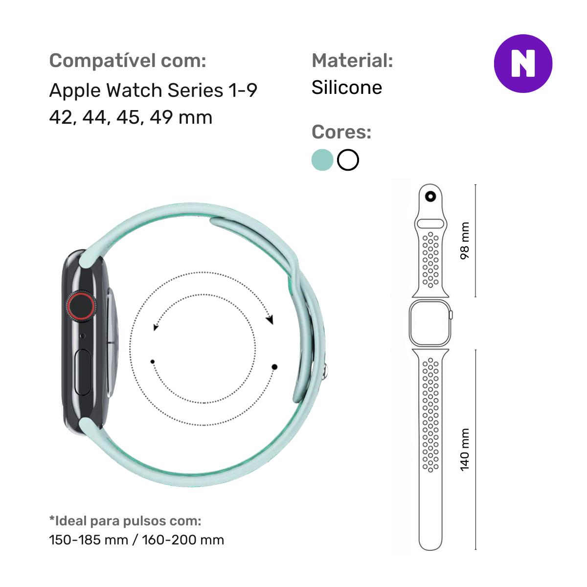 Pulseira 42/44/45/49mm para Apple Watch, Verde Água/Branco