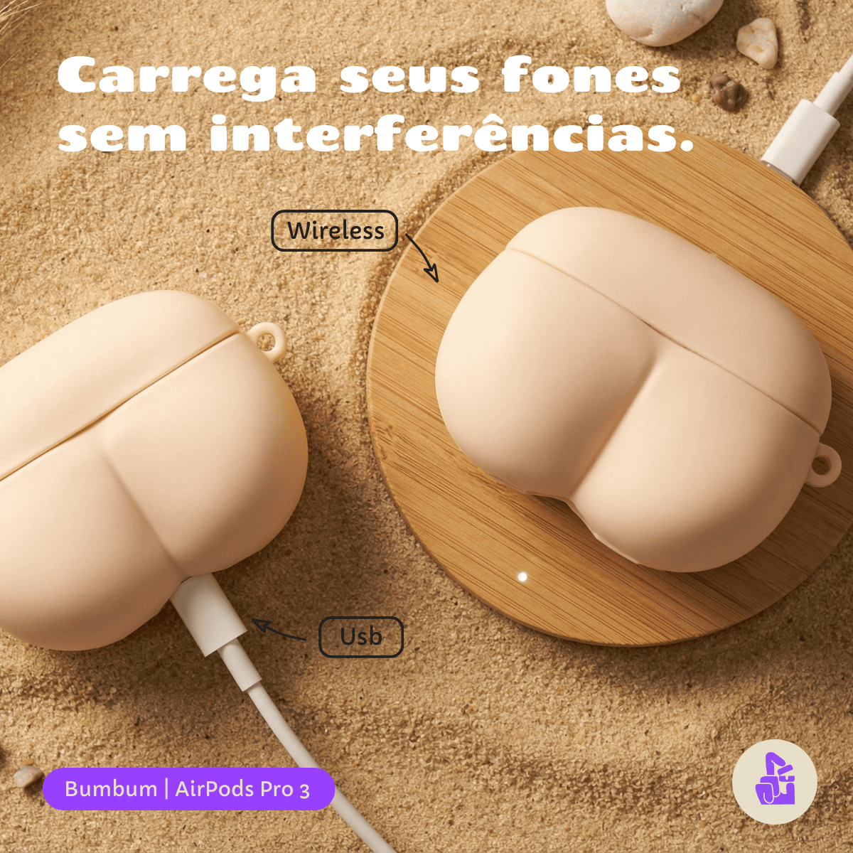 Kit Limpador para Fones e Capa Protetora Nerdcase para AirPods Pro 3, Formato de Bumbum