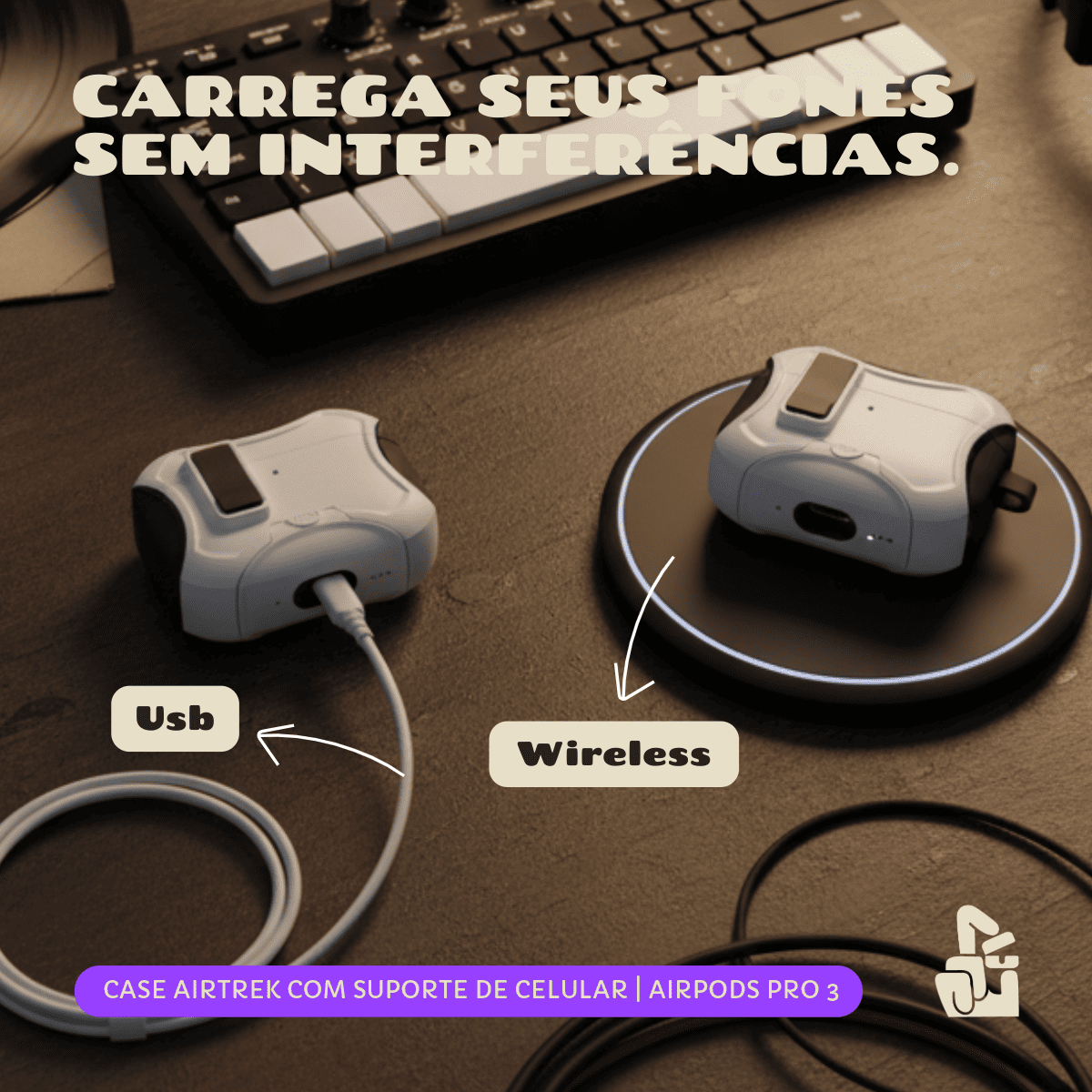 Kit Limpador para Fones e Capa Protetora Airtrek Nerdcase para AirPods Pro 3, Suporte Adaptado, Preto e Branco