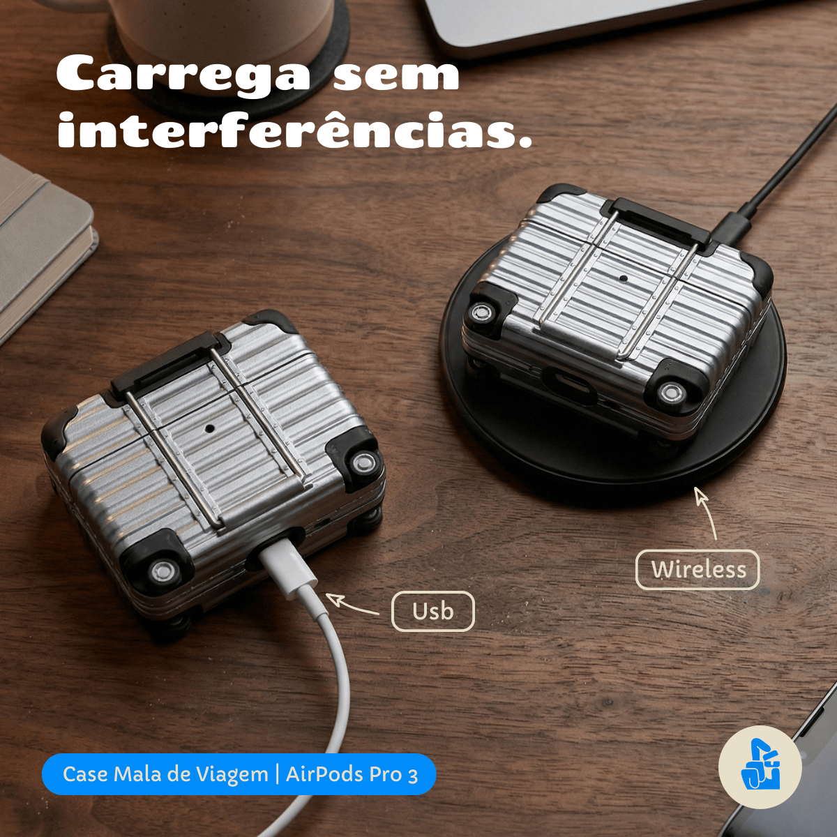 Kit Limpador para Fones e Capa Protetora Compatível com AirPods Pro 3, Formato Mala de Viagem, Cinza