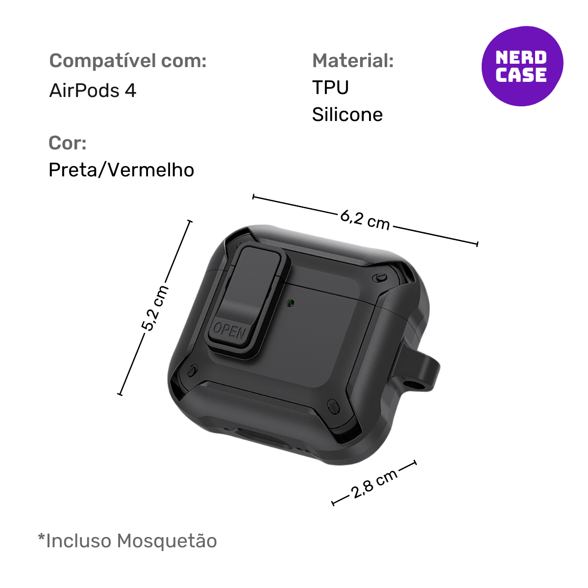NERDCASE, Case, Capa Resistente, Compatível com AirPods 4, Vermelho