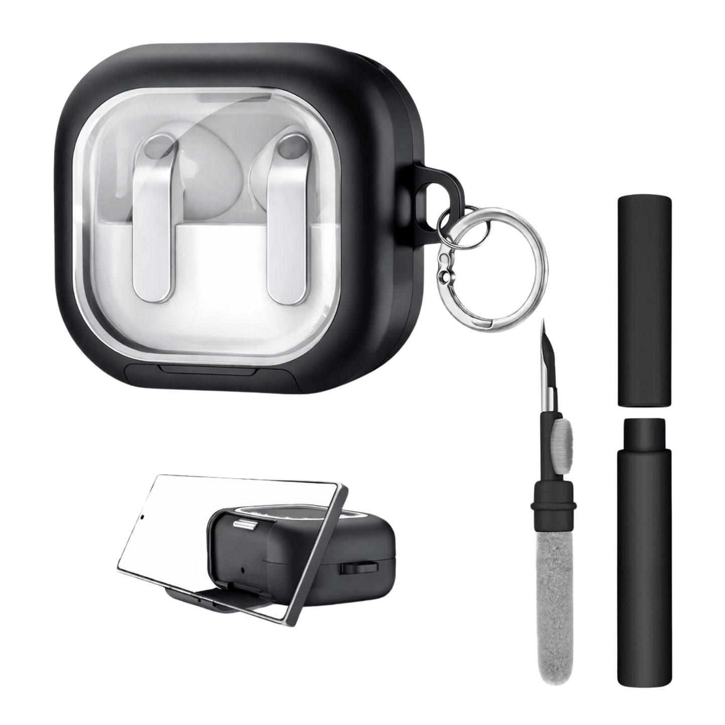 Kit Limpador para Fones e Capa Protetora Glass Nerdcase para Samsung Galaxy Buds 4, Preta e Transparente, Com Suporte Ad